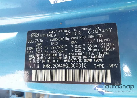 2016 Hyundai Tucson Se from USA, damaged, VIN KM8J3CA48GU060010